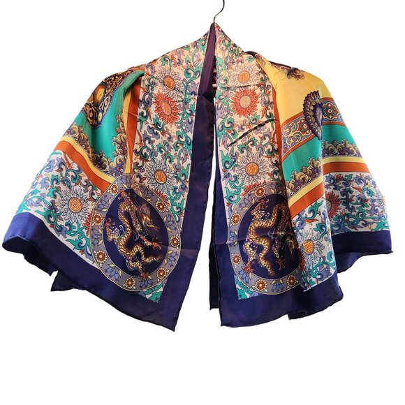 VTG Tongyu 100% Silk Scarf 42x42 Hand Rolled Hem Chinese Dragon Motif Multicolor - Picture 2 of 15
